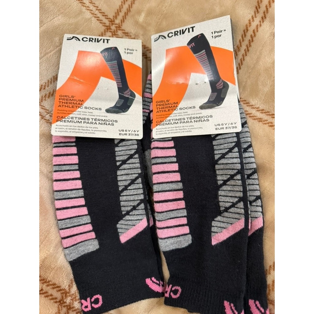 Crivit Girls Premium Thermal Athletic Socks 2 Pair Wool Blend Ski US 5Y 6Y Black